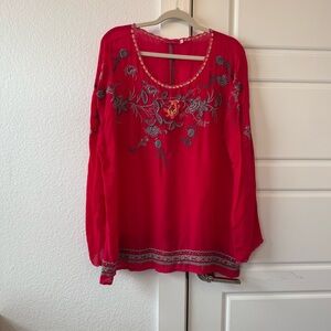 Johnny Was Red Floral Embroidered Top